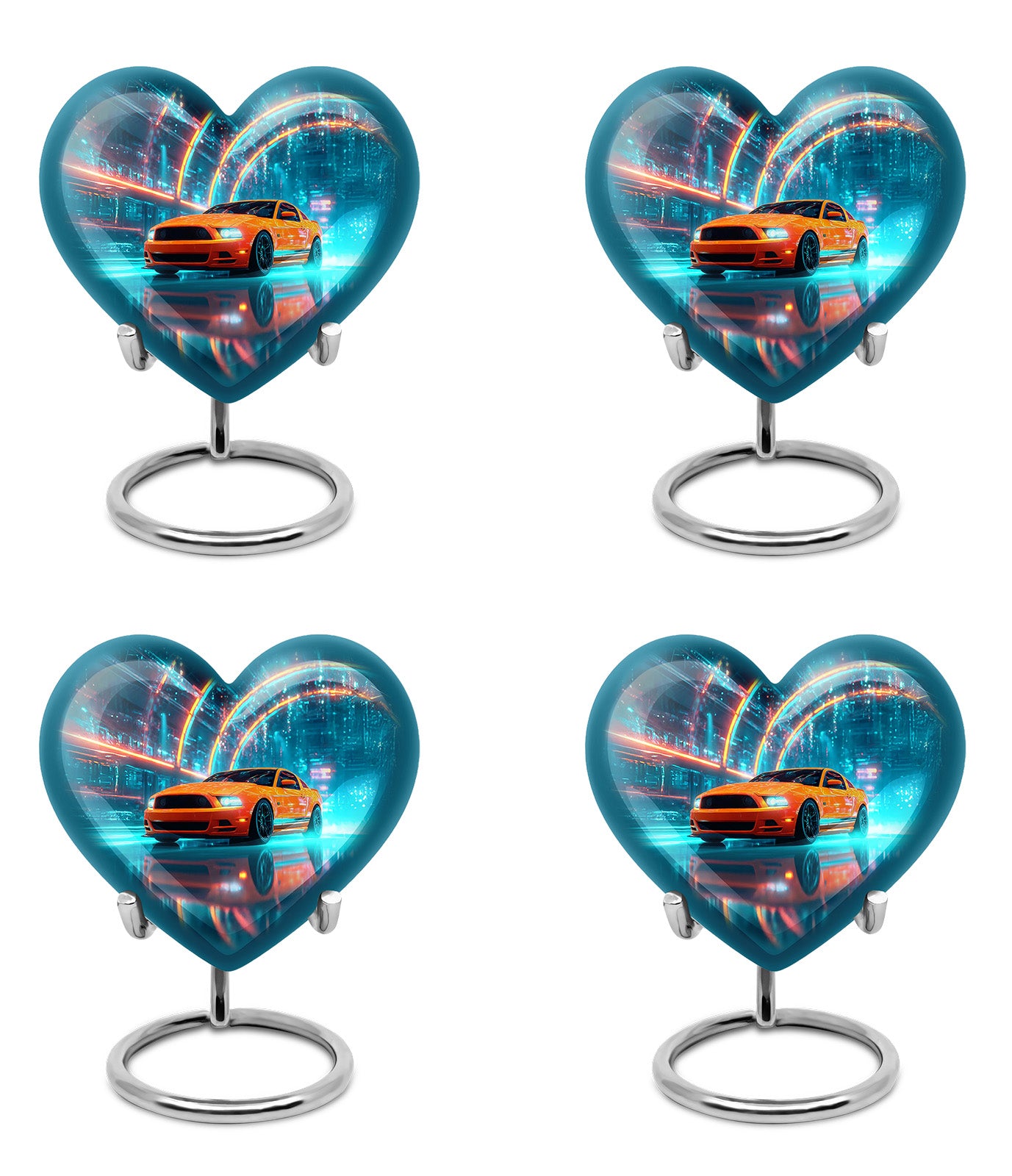 Indigo Car Cremation Urn angled view of lid and engraved motif - loving heart memorial featuring car pattern - 10 inch aluminum urn for cremated remains