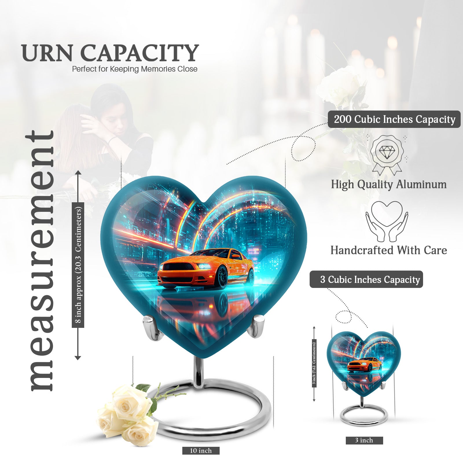 Misty Blue Car Cremation Urn front view showing detailed design - loving heart memorial featuring car pattern - mini keepsake memorial for portion of cremation ashes