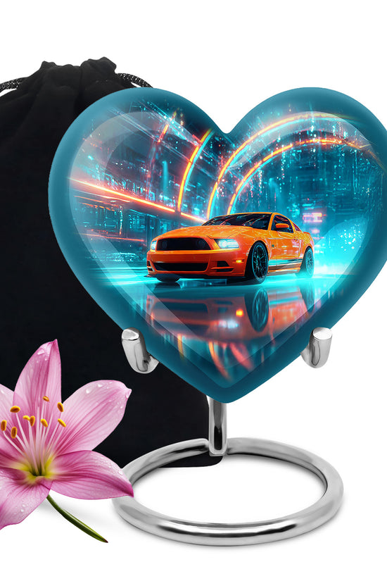 Navy Blue Car Cremation Urn detail view - heart-shaped car design symbolizing eternal love - full-size 10 inch 200 cubic inch adult cremation urn