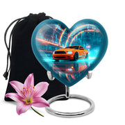 Navy Blue Car Cremation Urn detail view - heart-shaped car design symbolizing eternal love - full-size 10 inch 200 cubic inch adult cremation urn