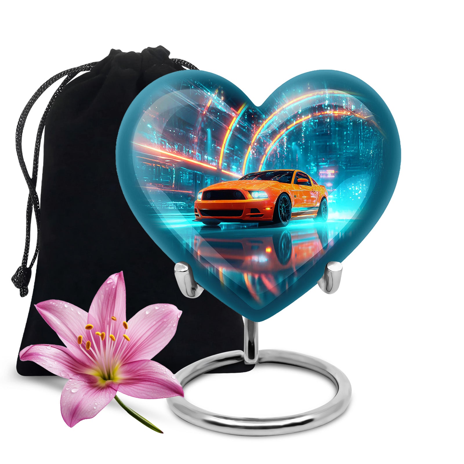 Navy Blue Car Cremation Urn detail view - heart-shaped car design symbolizing eternal love - full-size 10 inch 200 cubic inch adult cremation urn