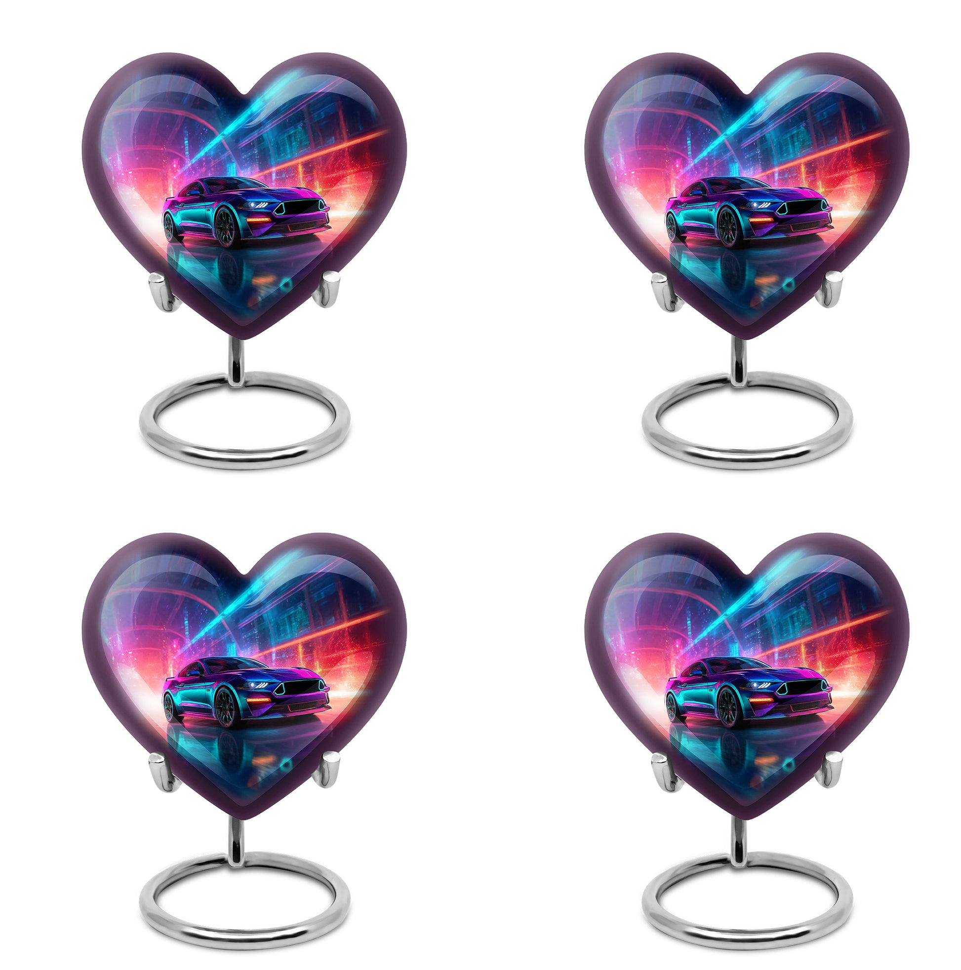 Dusty Blue Car Cremation Urn angled view of lid and engraved motif - loving heart memorial featuring car pattern - 10 inch aluminum urn for cremated remains
