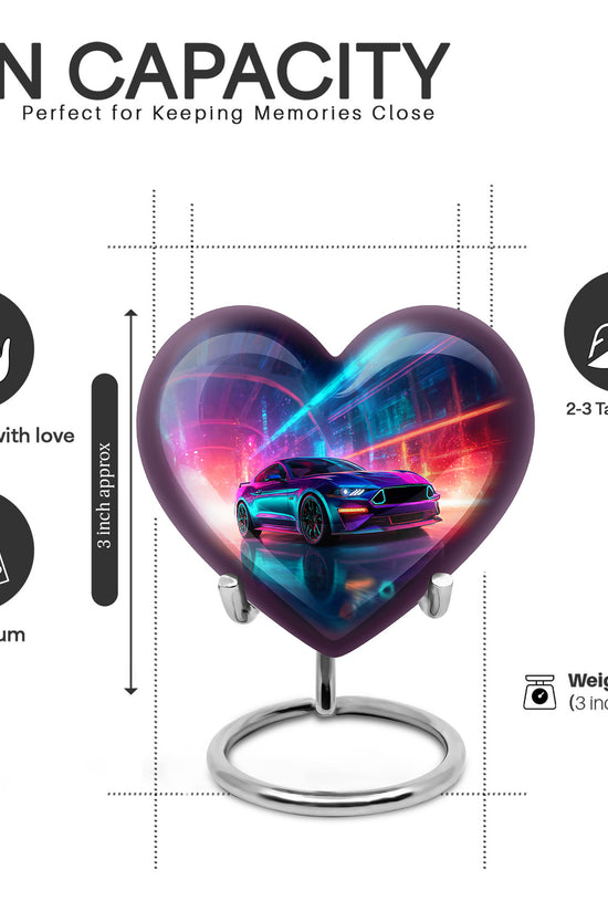 Sapphire Blue Car Cremation Urn front view showing detailed design - romantic heart urn with car motif on aluminum - mini keepsake memorial for portion of cremation ashes