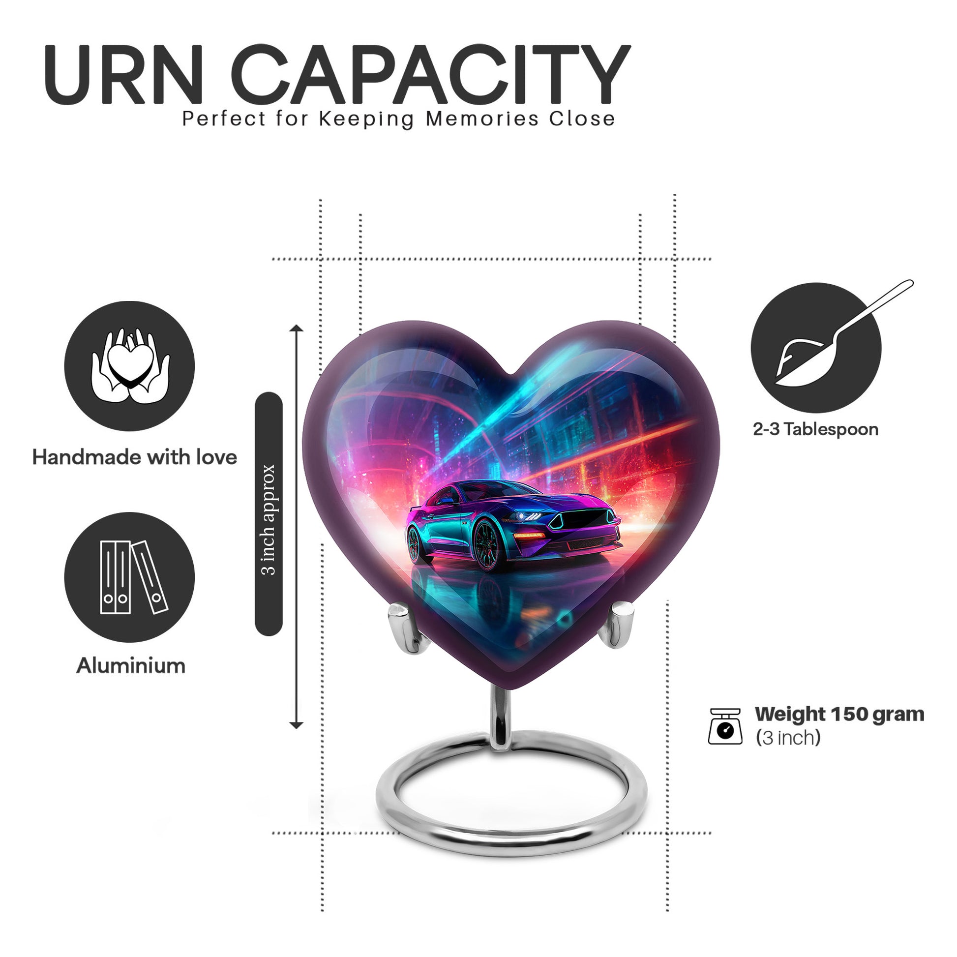 Sapphire Blue Car Cremation Urn front view showing detailed design - romantic heart urn with car motif on aluminum - mini keepsake memorial for portion of cremation ashes