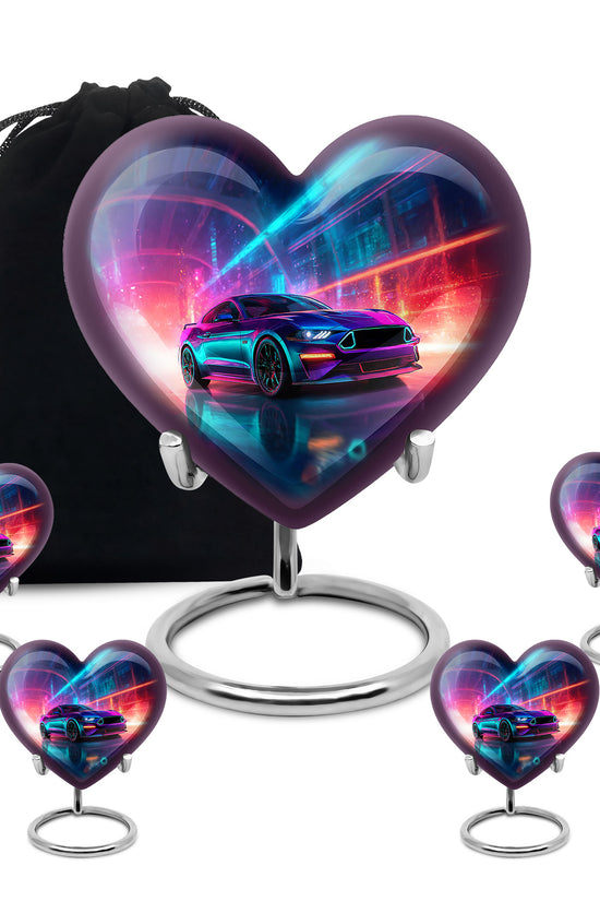 Steel Blue Car Cremation Urn close-up of engraving and surface detail - compassionate heart-car combination with gentle curves - memorial set with one large and four small urns
