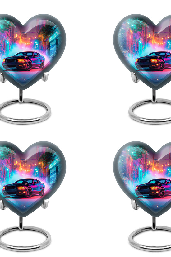 Vivid Blue Car Cremation Urn angled view of lid and engraved motif - romantic heart urn with car motif on aluminum - 10 inch aluminum urn for cremated remains