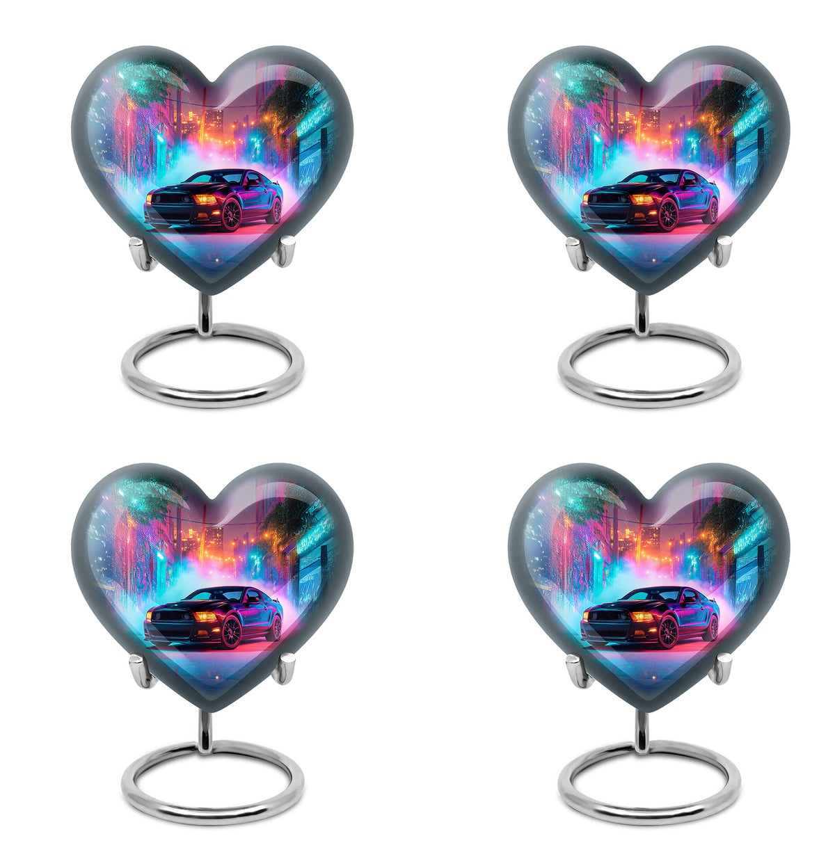 Vivid Blue Car Cremation Urn angled view of lid and engraved motif - romantic heart urn with car motif on aluminum - 10 inch aluminum urn for cremated remains