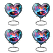 Vivid Blue Car Cremation Urn angled view of lid and engraved motif - romantic heart urn with car motif on aluminum - 10 inch aluminum urn for cremated remains