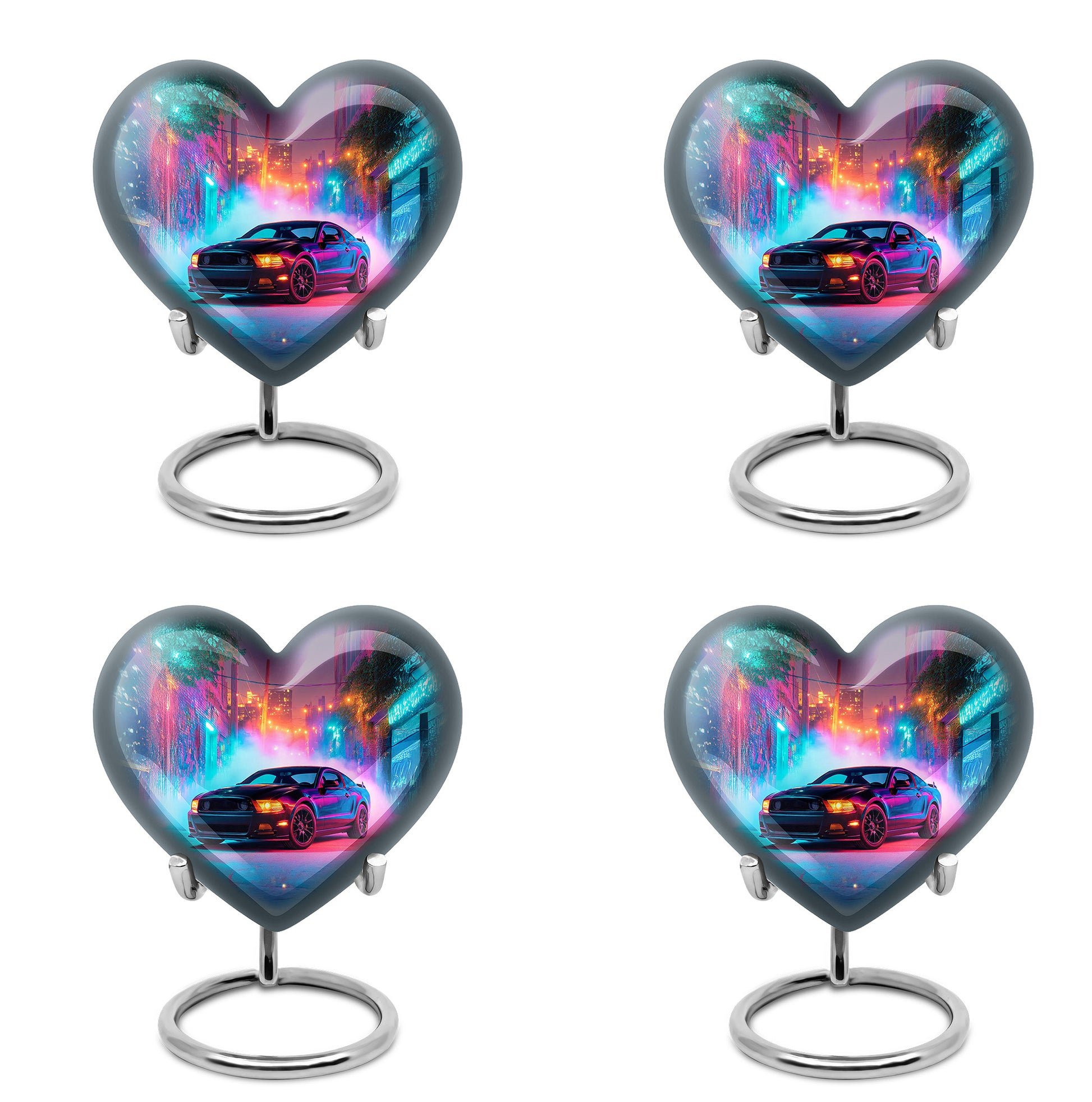 Vivid Blue Car Cremation Urn angled view of lid and engraved motif - romantic heart urn with car motif on aluminum - 10 inch aluminum urn for cremated remains