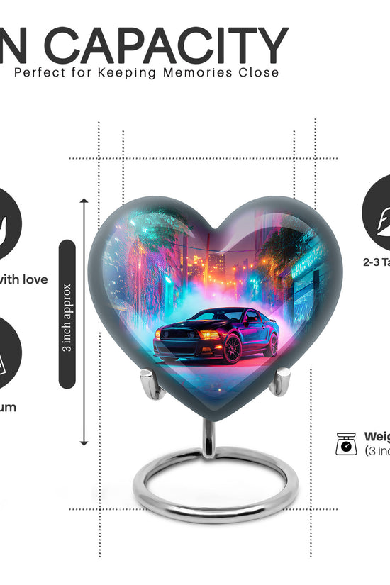Sapphire Blue Car Cremation Urn front view showing detailed design - romantic heart urn with car motif on aluminum - mini keepsake memorial for portion of cremation ashes
