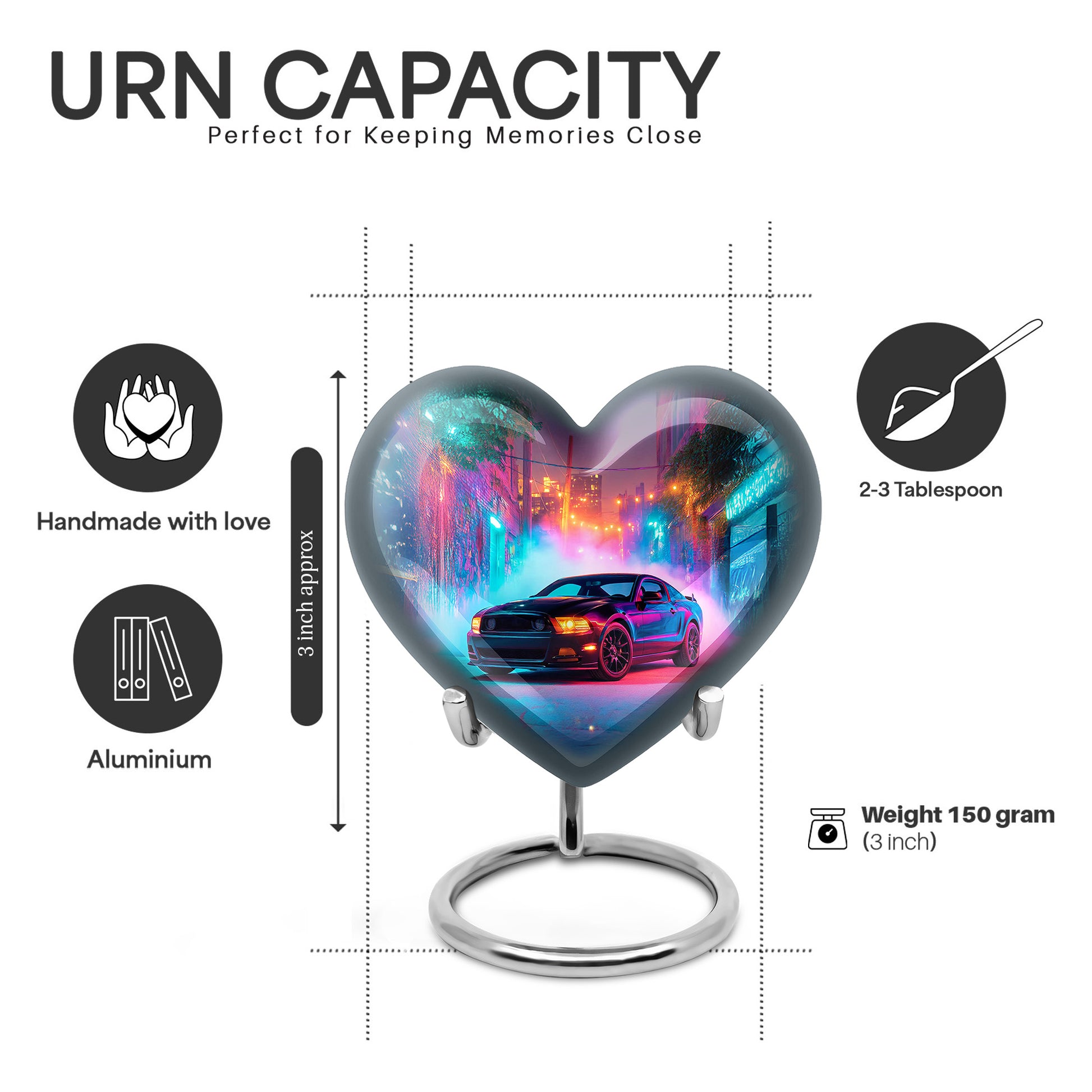 Sapphire Blue Car Cremation Urn front view showing detailed design - romantic heart urn with car motif on aluminum - mini keepsake memorial for portion of cremation ashes