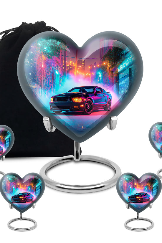Steel Blue Car Cremation Urn close-up of engraving and surface detail - compassionate heart-car combination with gentle curves - memorial set with one large and four small urns