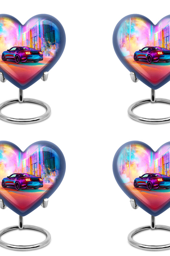 Lavender Purple Car Cremation Urn angled view of lid and engraved motif - romantic heart urn with car motif on aluminum - 10 inch aluminum urn for cremated remains
