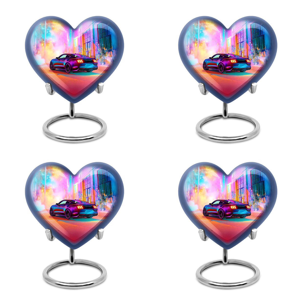 Lavender Purple Car Cremation Urn angled view of lid and engraved motif - romantic heart urn with car motif on aluminum - 10 inch aluminum urn for cremated remains