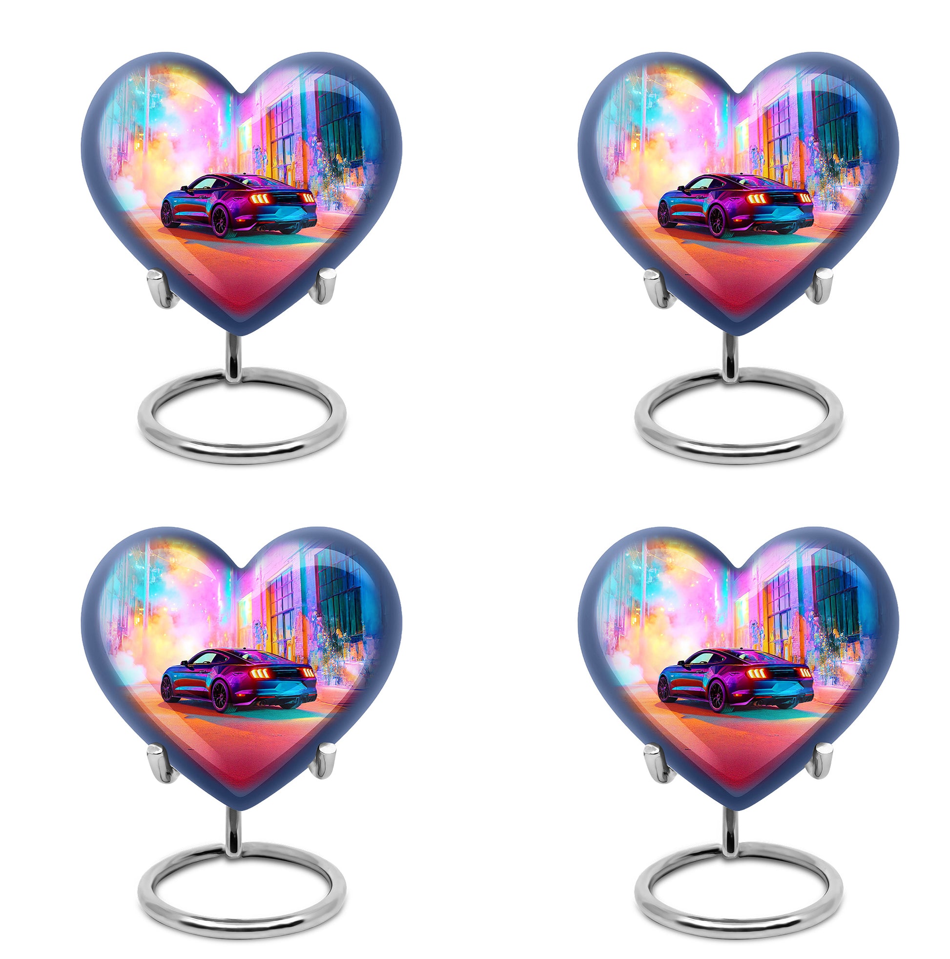 Lavender Purple Car Cremation Urn angled view of lid and engraved motif - romantic heart urn with car motif on aluminum - 10 inch aluminum urn for cremated remains