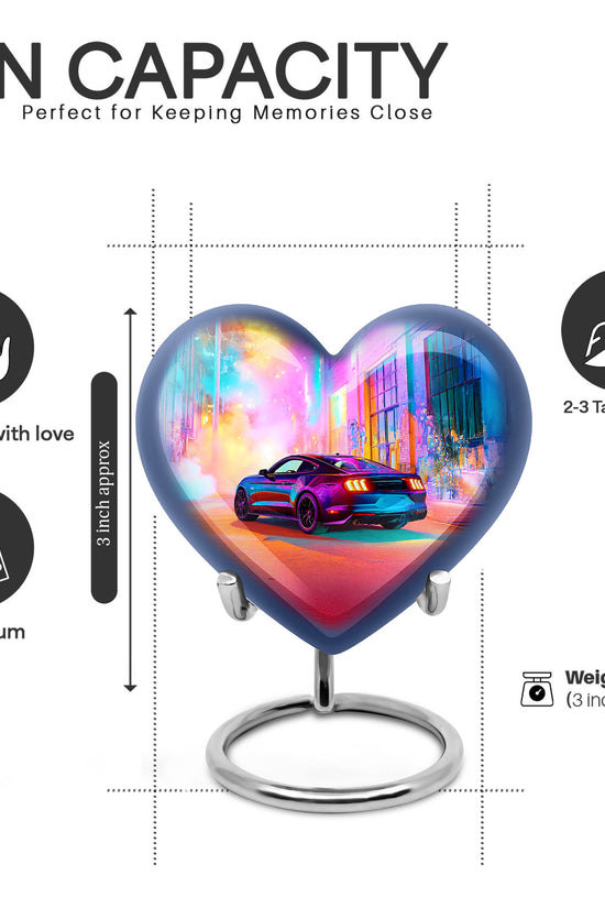 Violet Purple Car Cremation Urn front view showing detailed design - romantic heart urn with car motif on aluminum - mini keepsake memorial for portion of cremation ashes