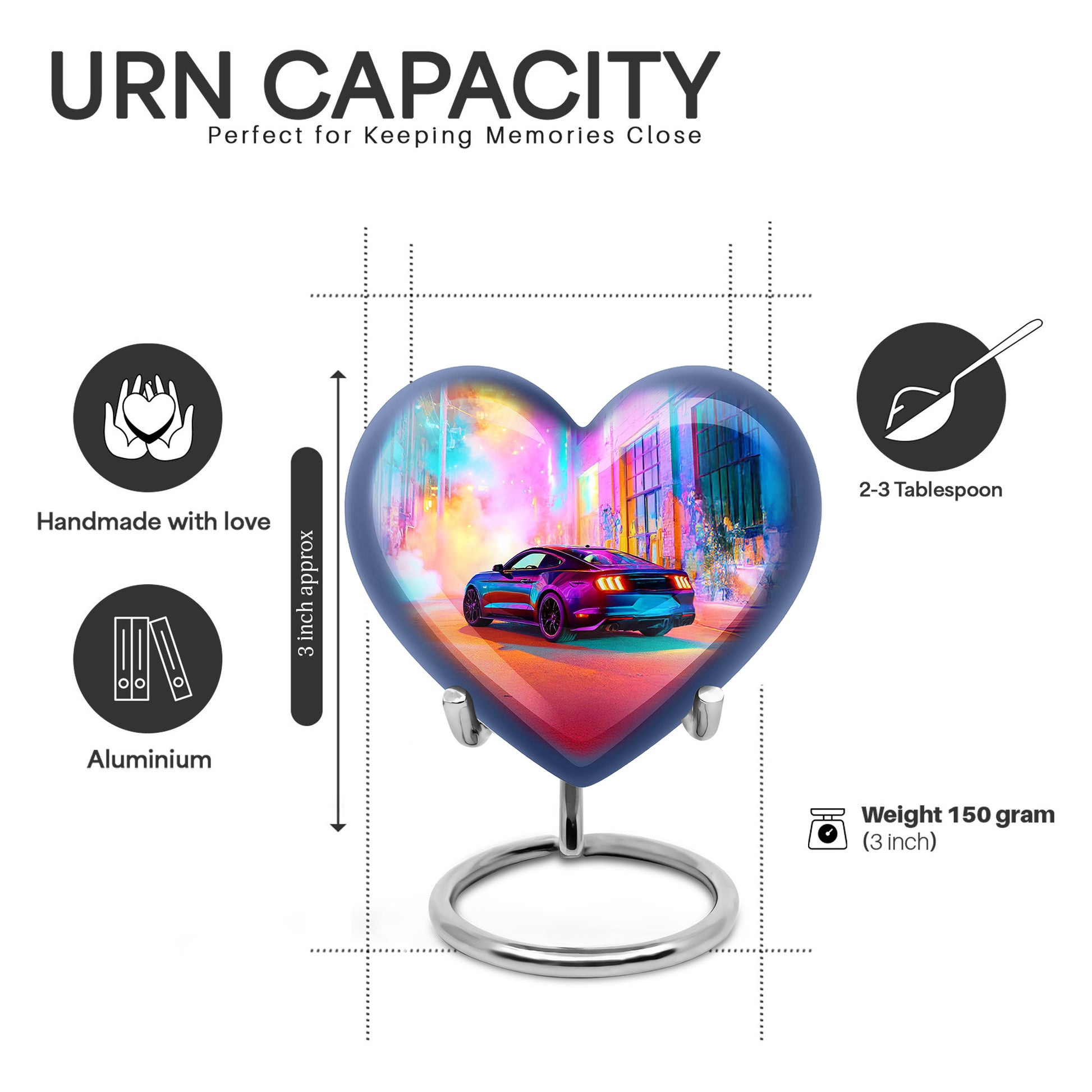 Violet Purple Car Cremation Urn front view showing detailed design - romantic heart urn with car motif on aluminum - mini keepsake memorial for portion of cremation ashes