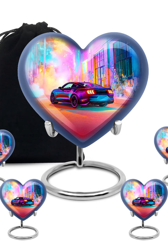 Orchid Purple Car Cremation Urn close-up of engraving and surface detail - loving heart memorial featuring car pattern - memorial set with one large and four small urns