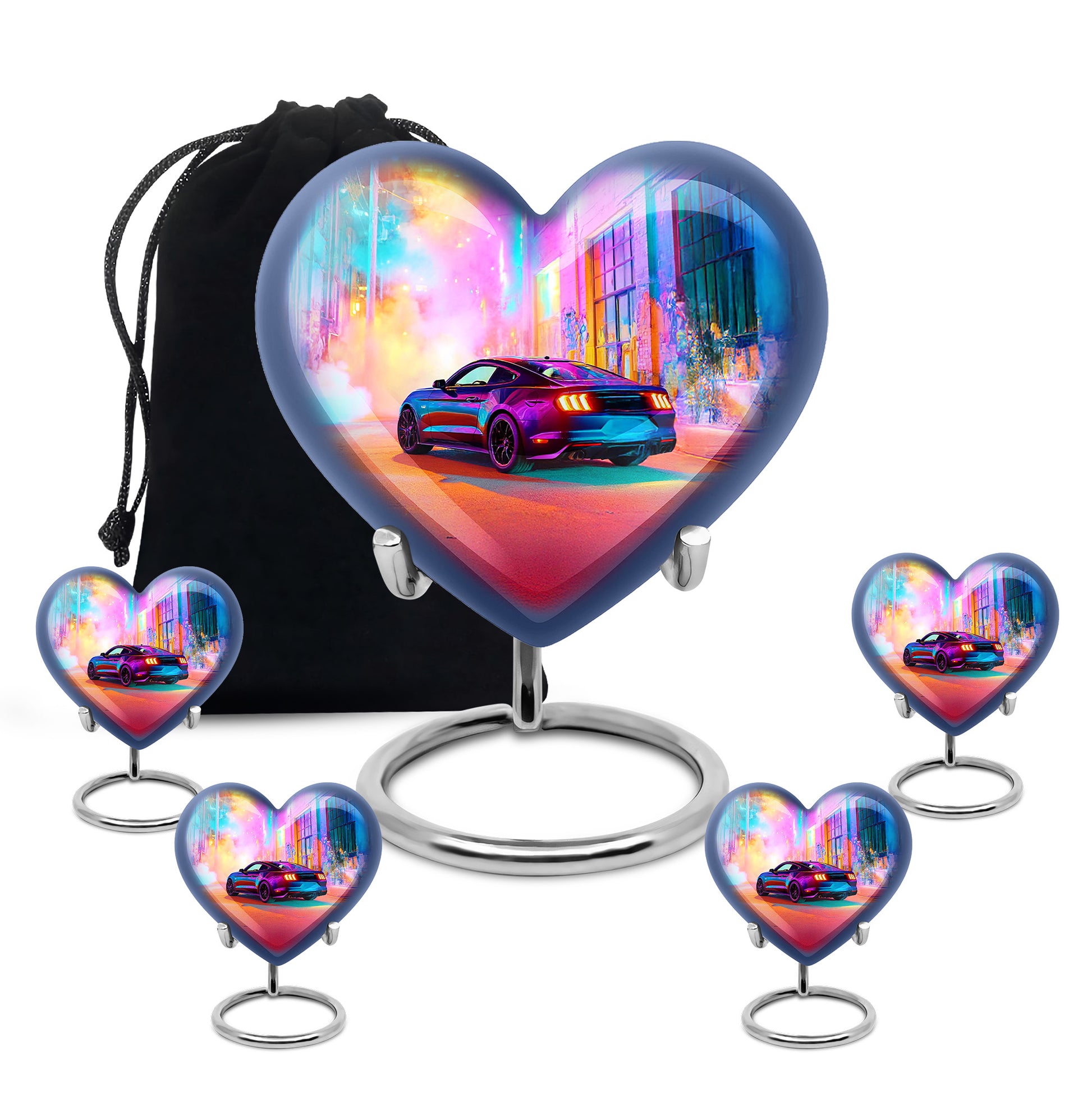 Orchid Purple Car Cremation Urn close-up of engraving and surface detail - loving heart memorial featuring car pattern - memorial set with one large and four small urns