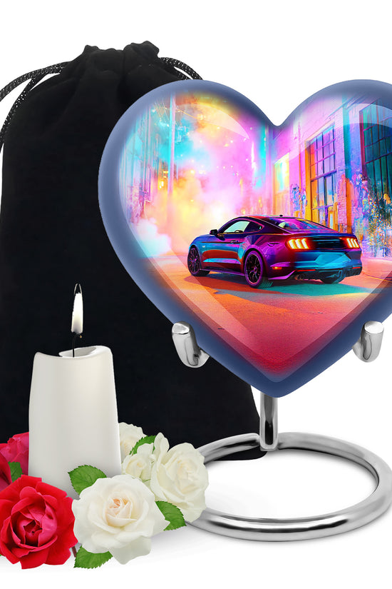 Amethyst Purple Car Cremation Urn detail view - loving heart memorial featuring car pattern - full-size 10 inch 200 cubic inch adult cremation urn