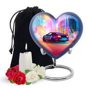 Amethyst Purple Car Cremation Urn detail view - loving heart memorial featuring car pattern - full-size 10 inch 200 cubic inch adult cremation urn