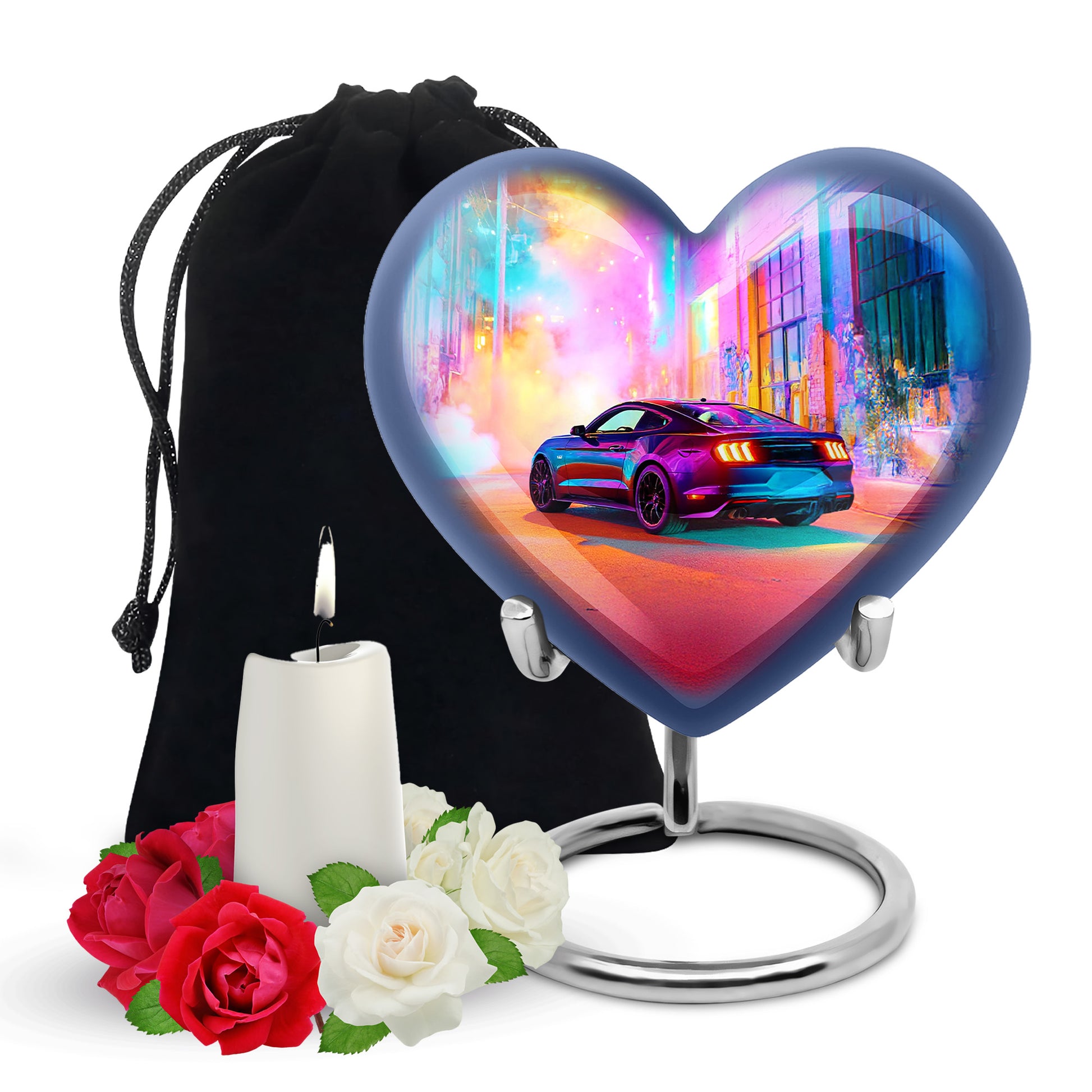 Amethyst Purple Car Cremation Urn detail view - loving heart memorial featuring car pattern - full-size 10 inch 200 cubic inch adult cremation urn
