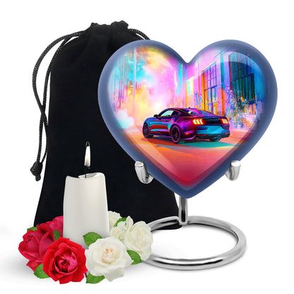 Amethyst Purple Car Cremation Urn detail view - loving heart memorial featuring car pattern - full-size 10 inch 200 cubic inch adult cremation urn