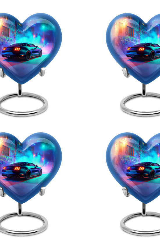 Indigo Car Cremation Urn angled view of lid and engraved motif - heart-shaped car design symbolizing eternal love - 10 inch aluminum urn for cremated remains