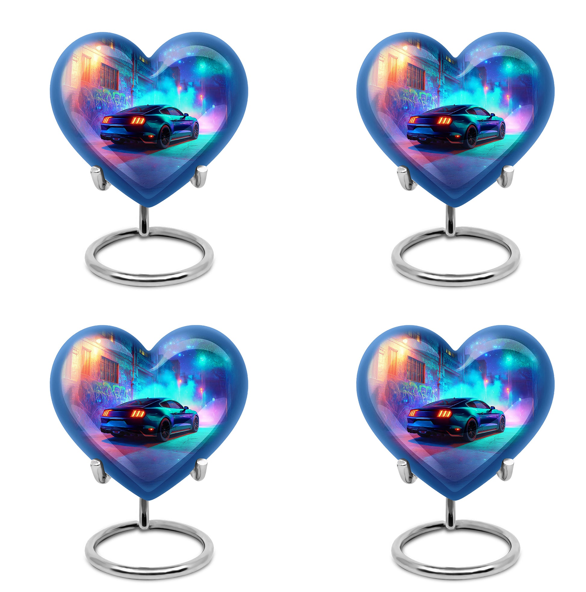 Indigo Car Cremation Urn angled view of lid and engraved motif - heart-shaped car design symbolizing eternal love - 10 inch aluminum urn for cremated remains
