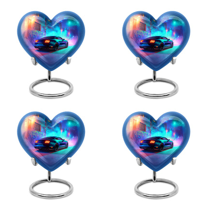 Indigo Car Cremation Urn angled view of lid and engraved motif - heart-shaped car design symbolizing eternal love - 10 inch aluminum urn for cremated remains