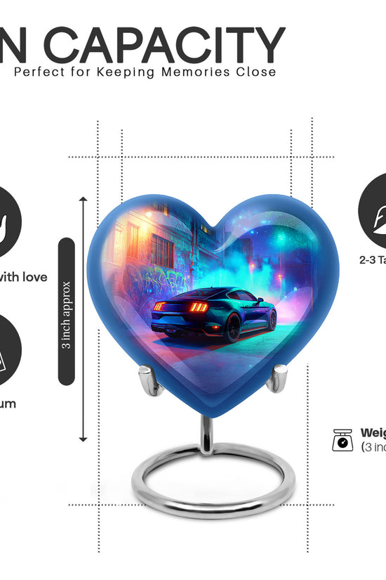 Pastel Blue Car Cremation Urn front view showing detailed design - heart-shaped car design symbolizing eternal love - mini keepsake memorial for portion of cremation ashes