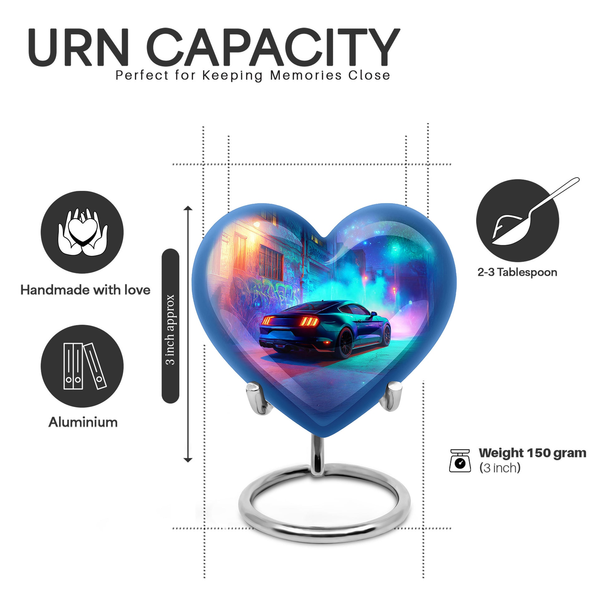 Pastel Blue Car Cremation Urn front view showing detailed design - heart-shaped car design symbolizing eternal love - mini keepsake memorial for portion of cremation ashes