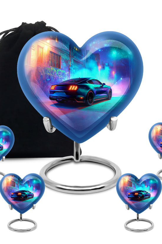 Powder Blue Car Cremation Urn close-up of engraving and surface detail - heart-shaped car design symbolizing eternal love - memorial set with one large and four small urns