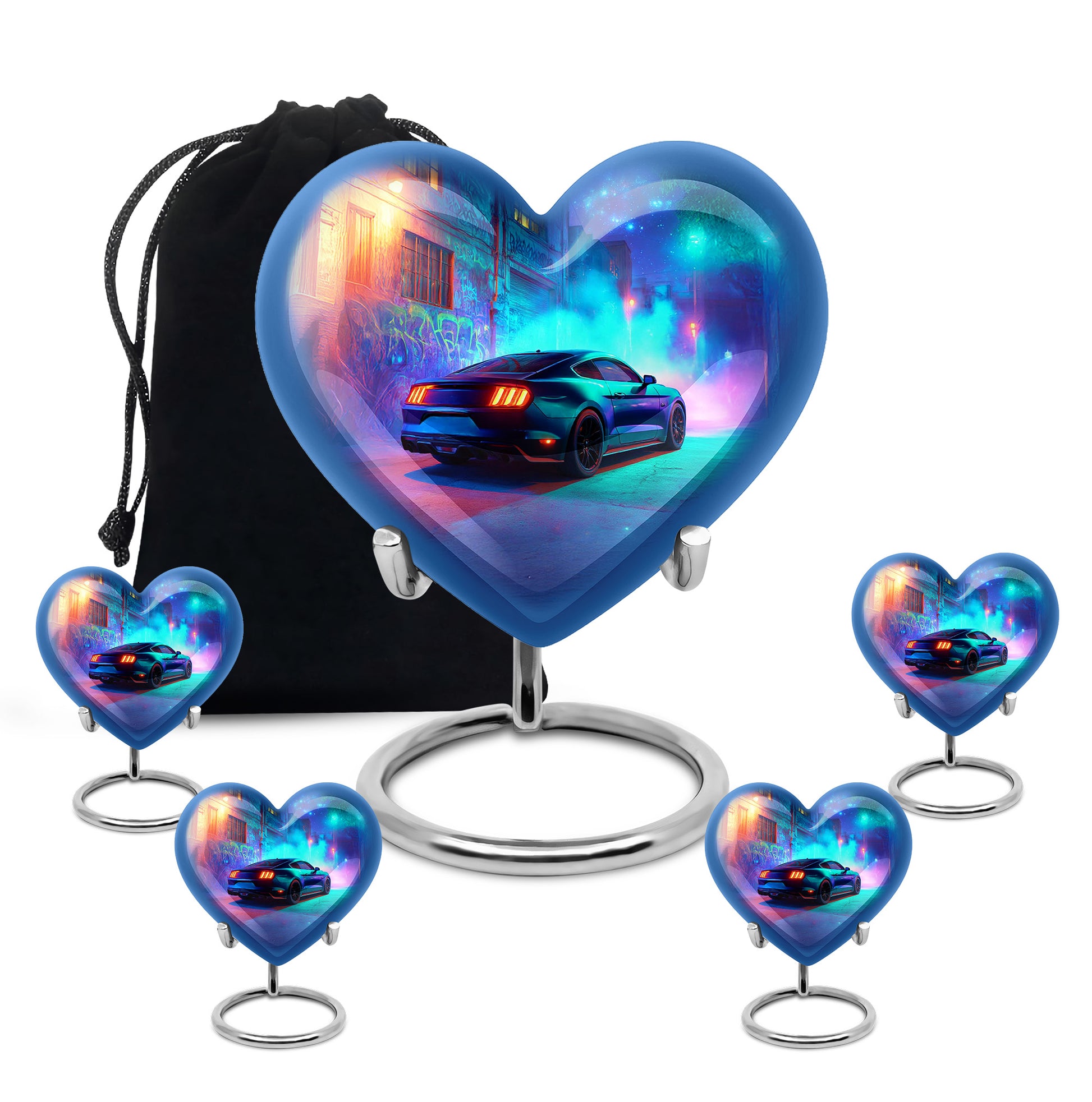 Powder Blue Car Cremation Urn close-up of engraving and surface detail - heart-shaped car design symbolizing eternal love - memorial set with one large and four small urns