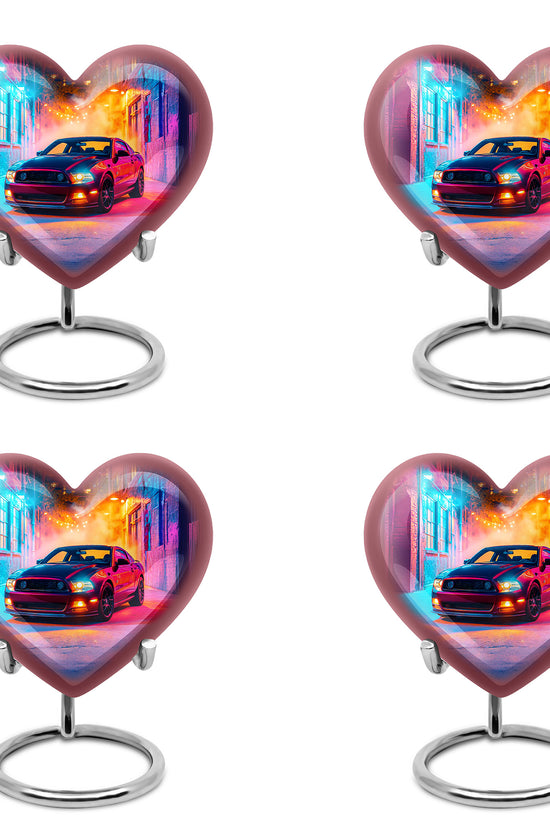 Twilight Purple Car Cremation Urn angled view of lid and engraved motif - compassionate heart-car combination with gentle curves - 10 inch aluminum urn for cremated remains