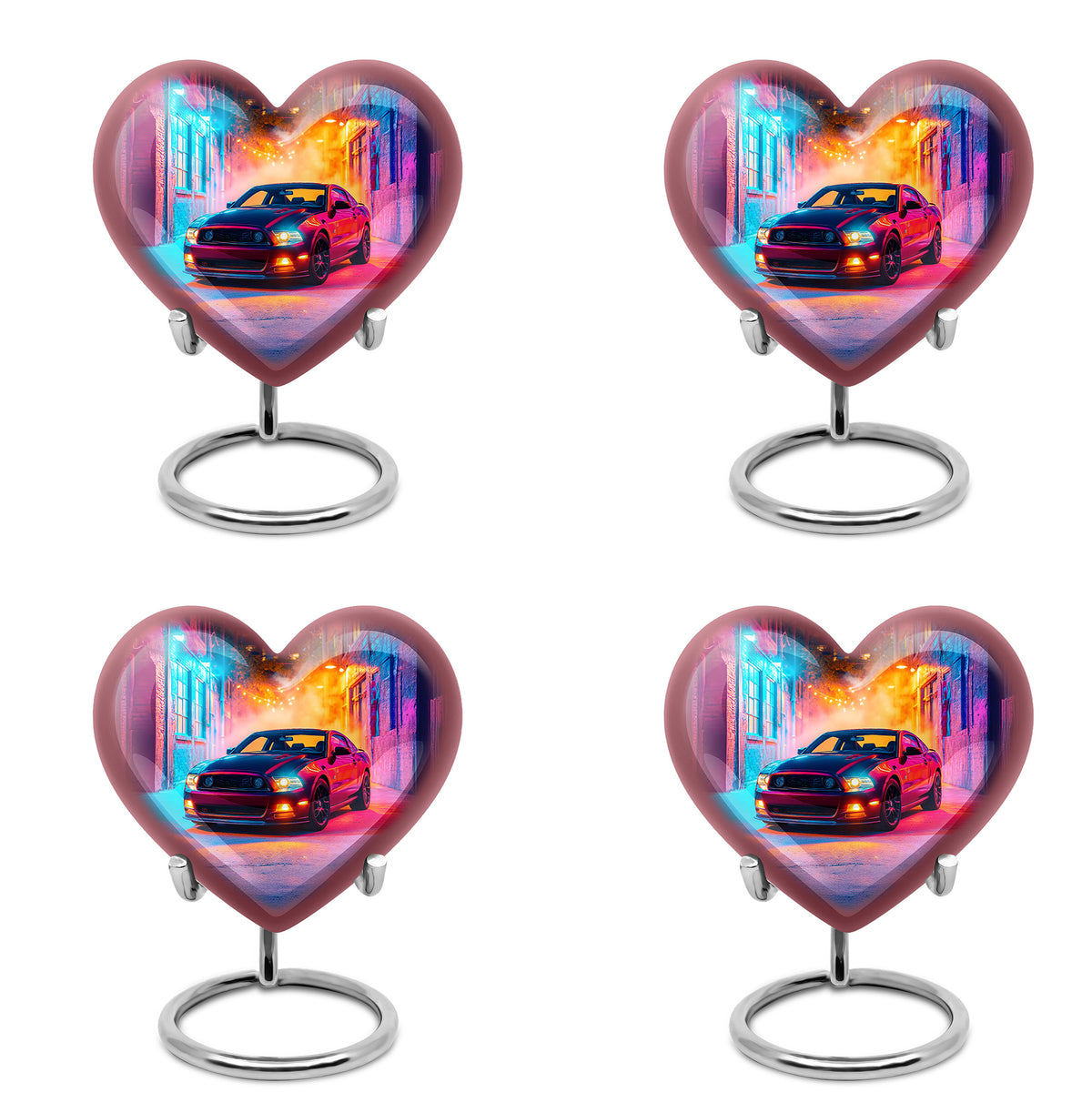 Twilight Purple Car Cremation Urn angled view of lid and engraved motif - compassionate heart-car combination with gentle curves - 10 inch aluminum urn for cremated remains