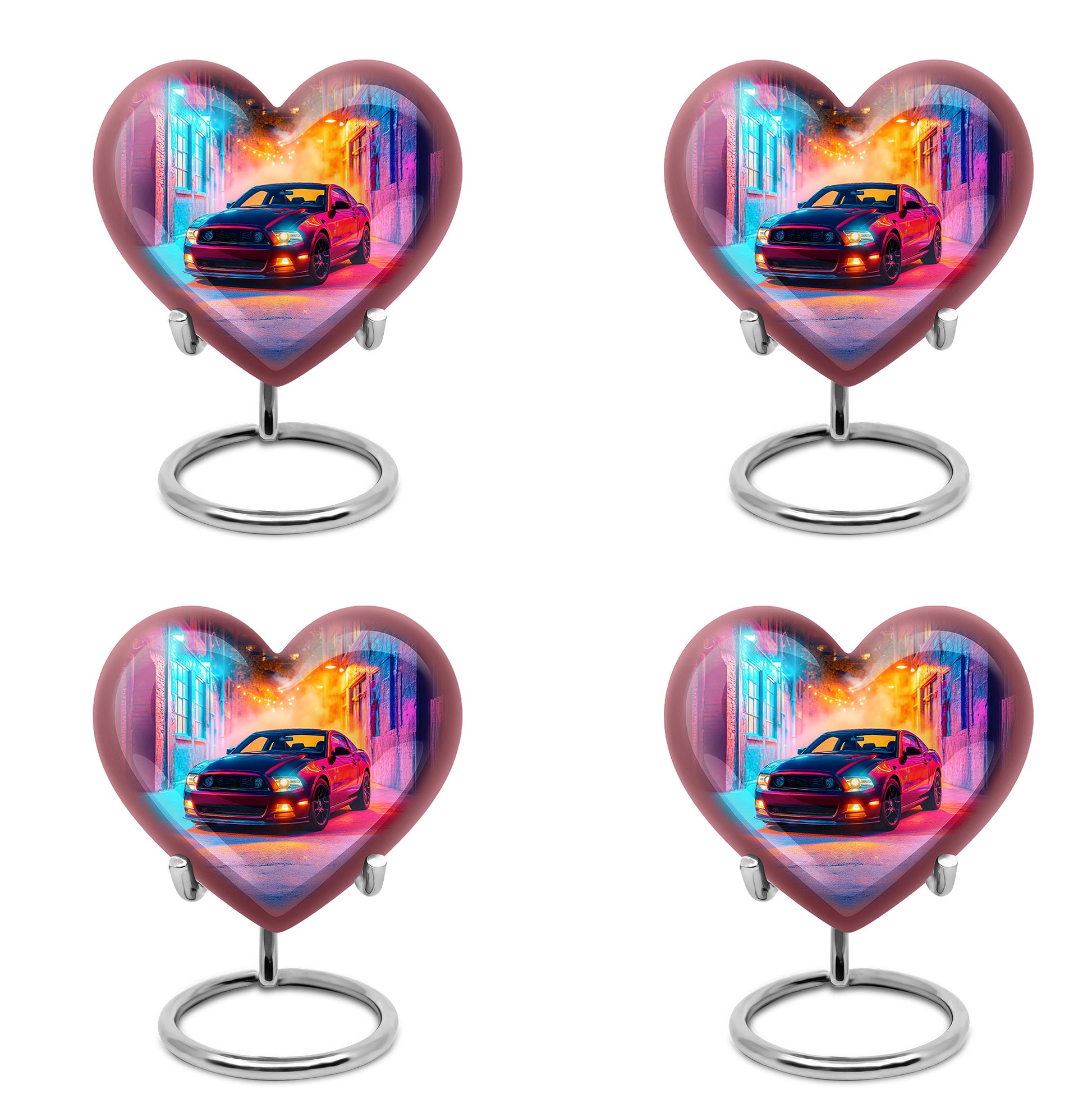Twilight Purple Car Cremation Urn angled view of lid and engraved motif - compassionate heart-car combination with gentle curves - 10 inch aluminum urn for cremated remains