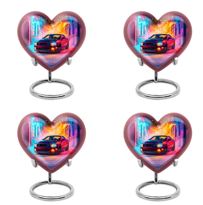 Twilight Purple Car Cremation Urn angled view of lid and engraved motif - compassionate heart-car combination with gentle curves - 10 inch aluminum urn for cremated remains