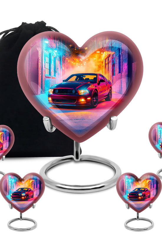Plum Purple Car Cremation Urn close-up of engraving and surface detail - loving heart memorial featuring car pattern - memorial set with one large and four small urns