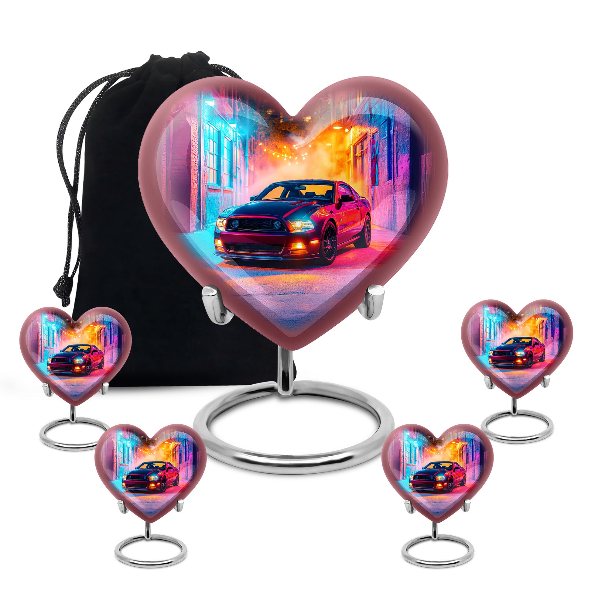 Plum Purple Car Cremation Urn close-up of engraving and surface detail - loving heart memorial featuring car pattern - memorial set with one large and four small urns