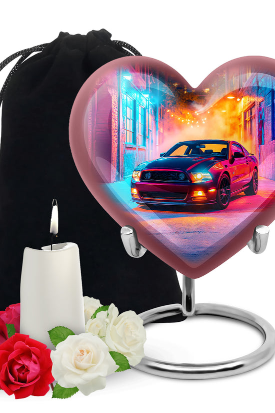 Majestic Purple Car Cremation Urn detail view - loving heart memorial featuring car pattern - full-size 10 inch 200 cubic inch adult cremation urn