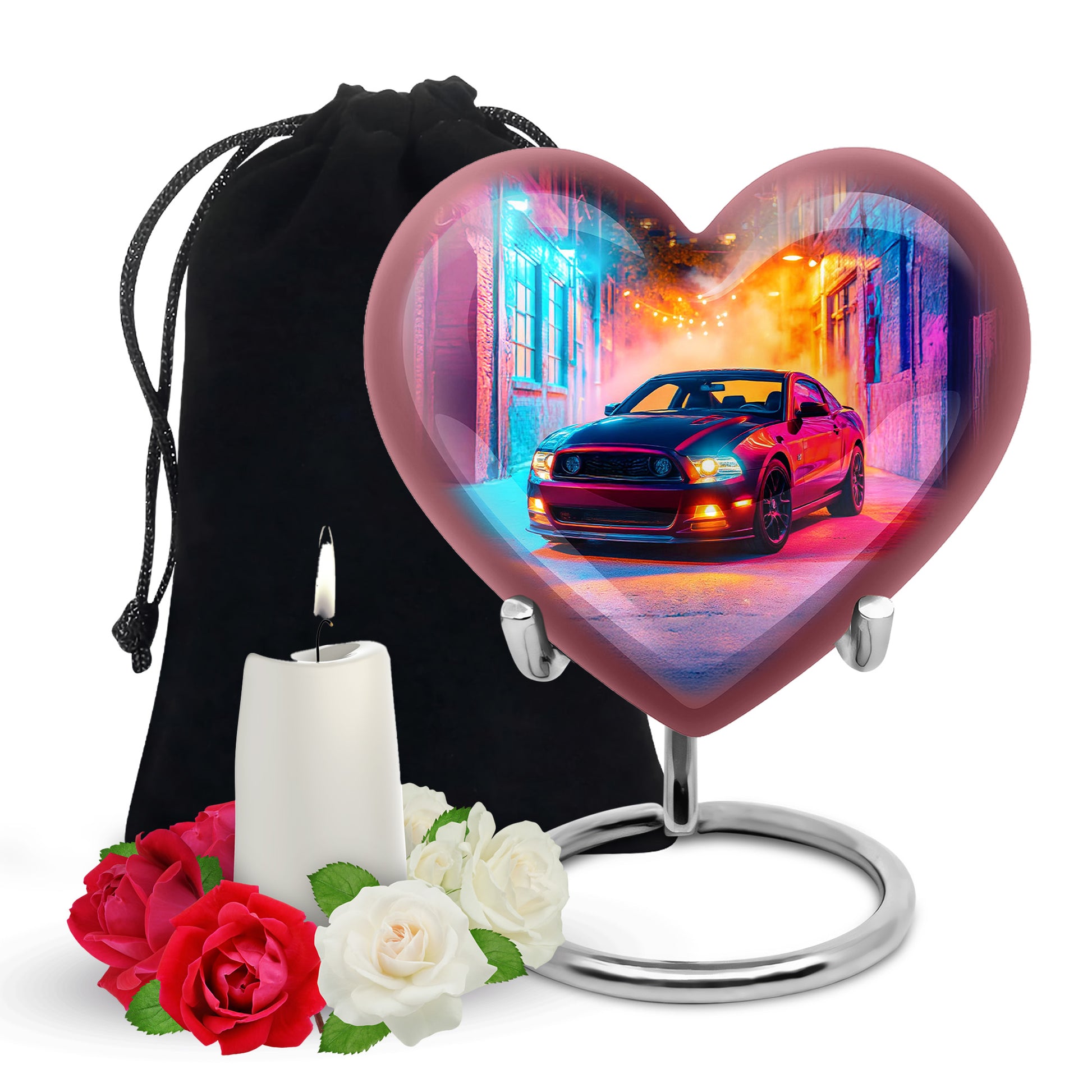 Majestic Purple Car Cremation Urn detail view - loving heart memorial featuring car pattern - full-size 10 inch 200 cubic inch adult cremation urn