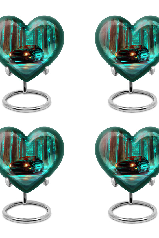 Vivid Teal Car Cremation Urn angled view of lid and engraved motif - romantic heart urn with car motif on aluminum - 10 inch aluminum urn for cremated remains