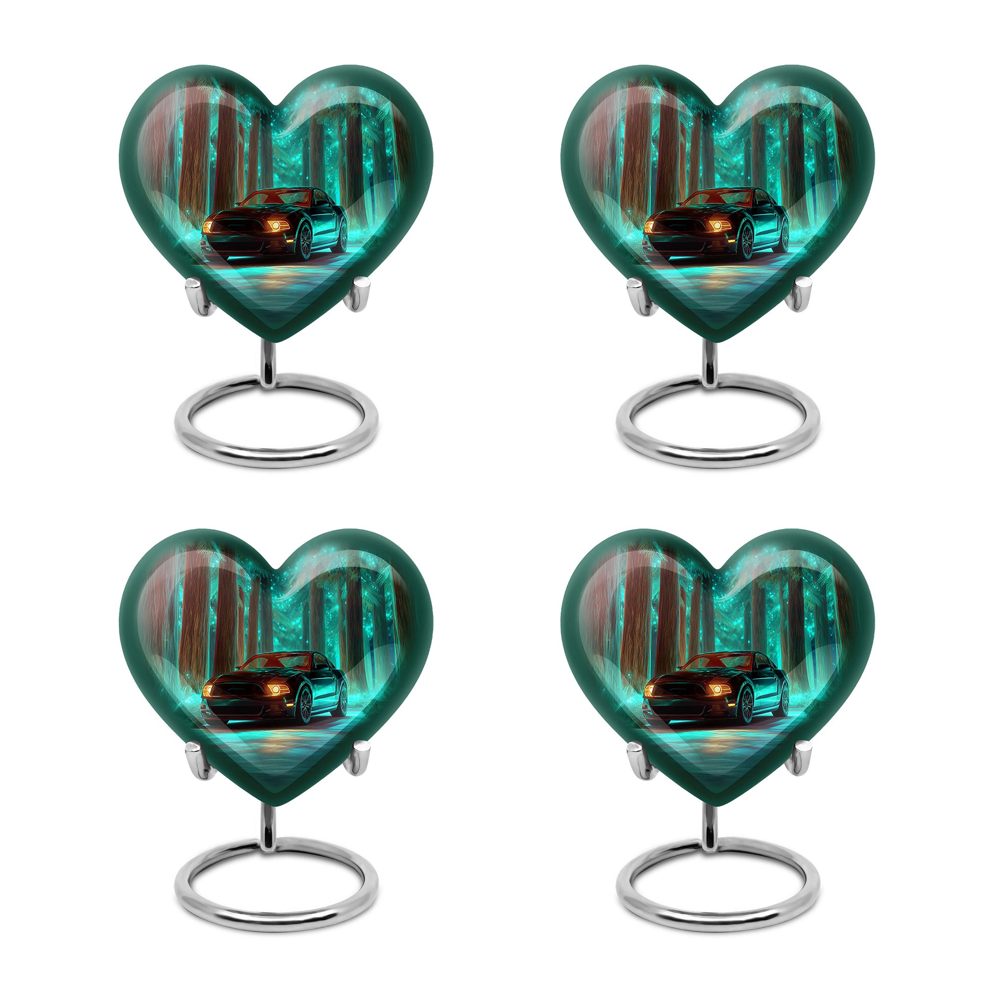 Vivid Teal Car Cremation Urn angled view of lid and engraved motif - romantic heart urn with car motif on aluminum - 10 inch aluminum urn for cremated remains