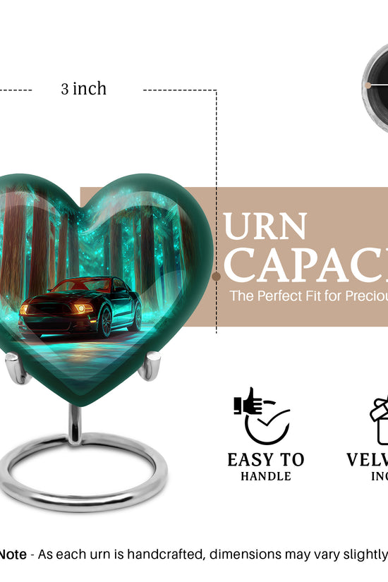 Tropical Teal Car Cremation Urn front view showing detailed design - romantic heart urn with car motif on aluminum - mini keepsake memorial for portion of cremation ashes
