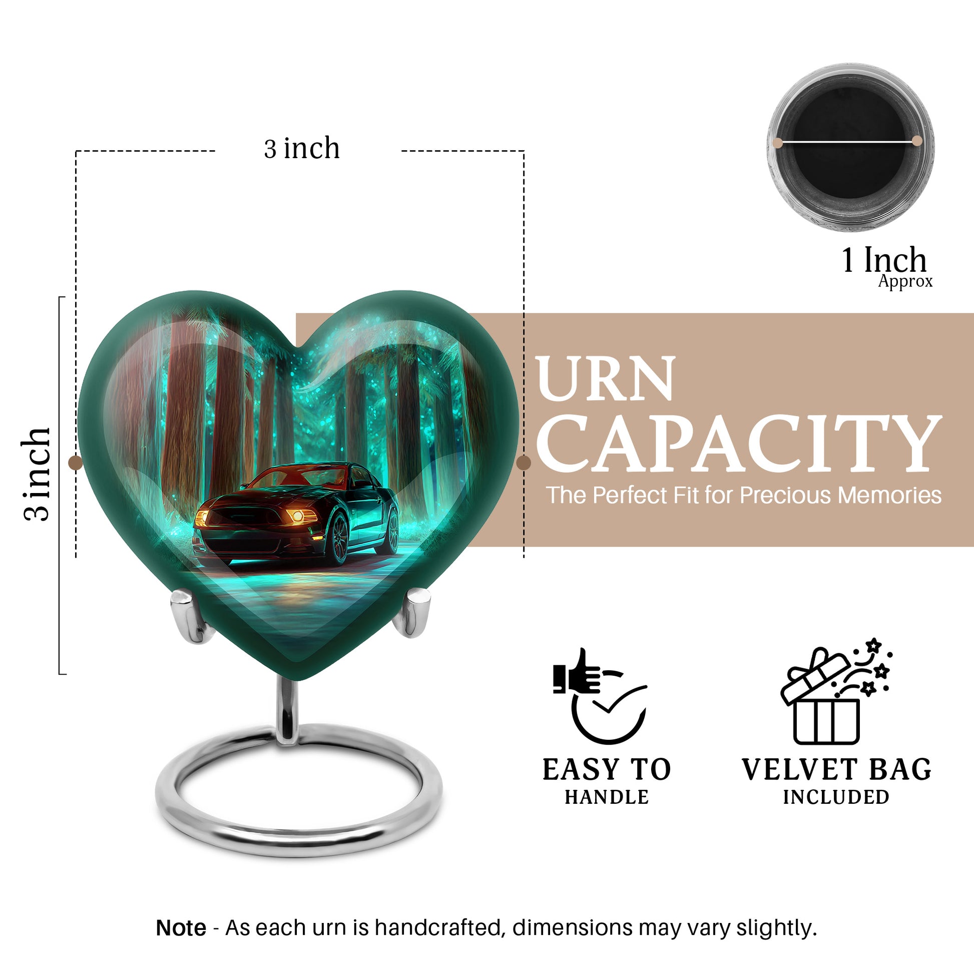 Tropical Teal Car Cremation Urn front view showing detailed design - romantic heart urn with car motif on aluminum - mini keepsake memorial for portion of cremation ashes