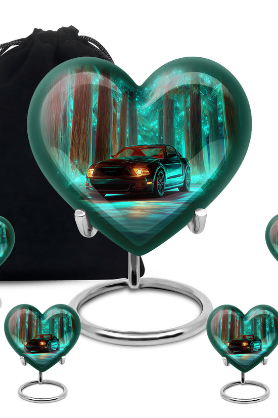Jewel Teal Car Cremation Urn close-up of engraving and surface detail - loving heart memorial featuring car pattern - memorial set with one large and four small urns