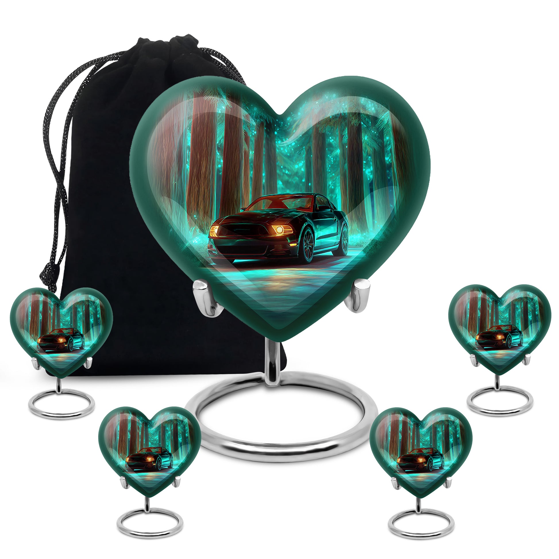 Jewel Teal Car Cremation Urn close-up of engraving and surface detail - loving heart memorial featuring car pattern - memorial set with one large and four small urns