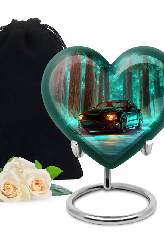 Cool Teal Car Cremation Urn detail view - heart-shaped car design symbolizing eternal love - full-size 10 inch 200 cubic inch adult cremation urn