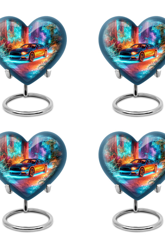 Cornflower Blue Car Cremation Urn angled view of lid and engraved motif - romantic heart urn with car motif on aluminum - 10 inch aluminum urn for cremated remains